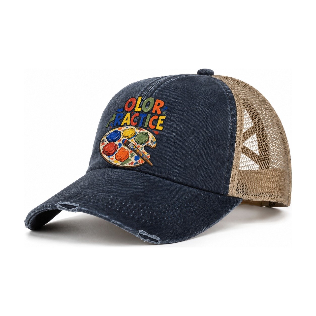 Color Practice Clay Color Makers Women's Ponytail Trucker Hat – Navy Khaki