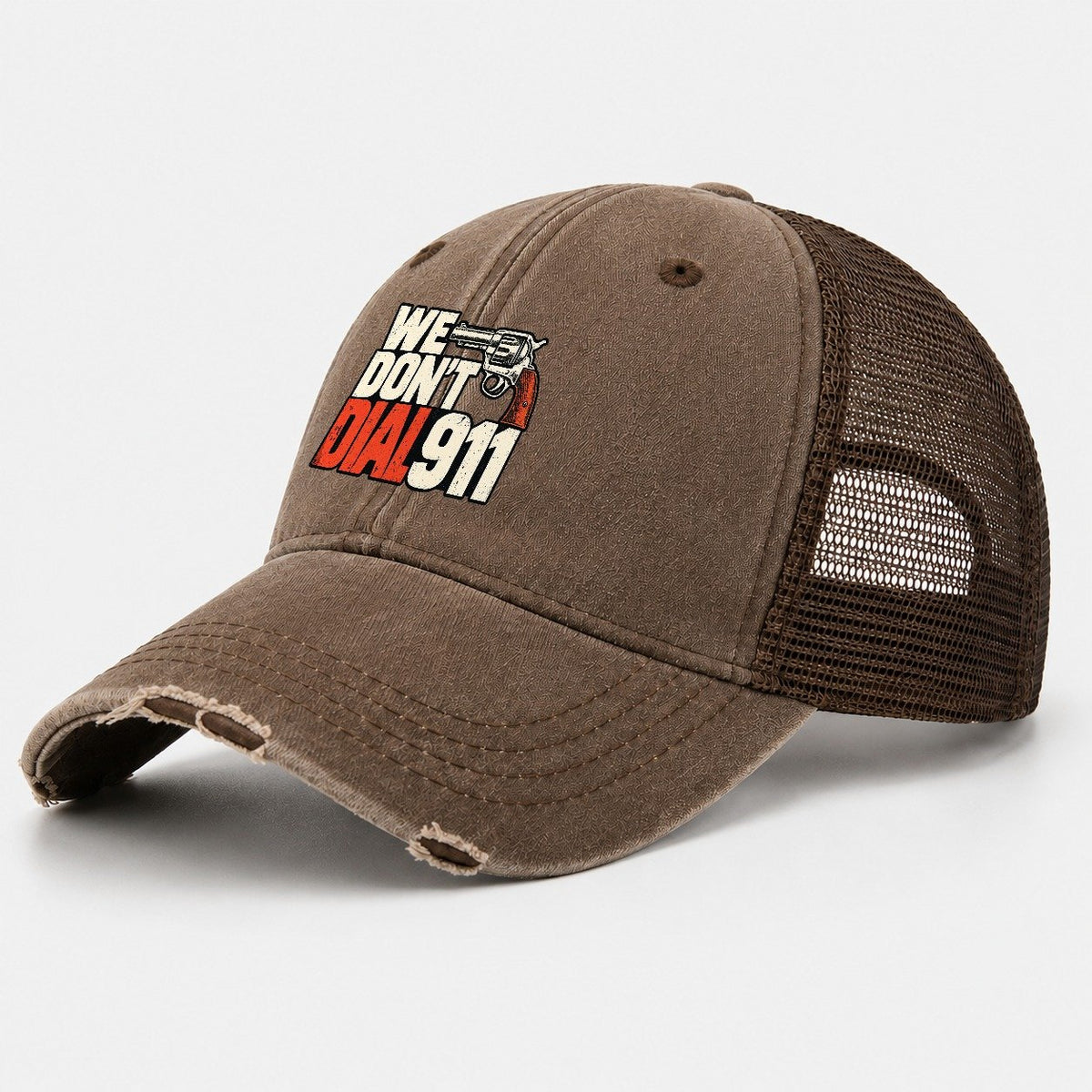 Swiss Type Block We Don't Dial 911 Washed Trucker Hat – Coffee