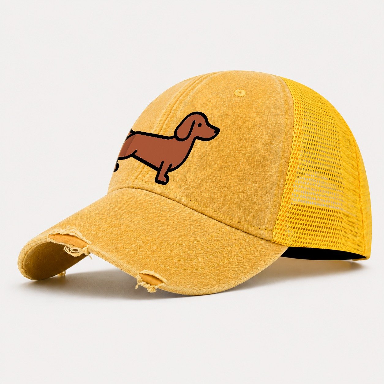Dachshund Redbrown Smooth Flat Side Profile Washed Trucker Hat – Yellow