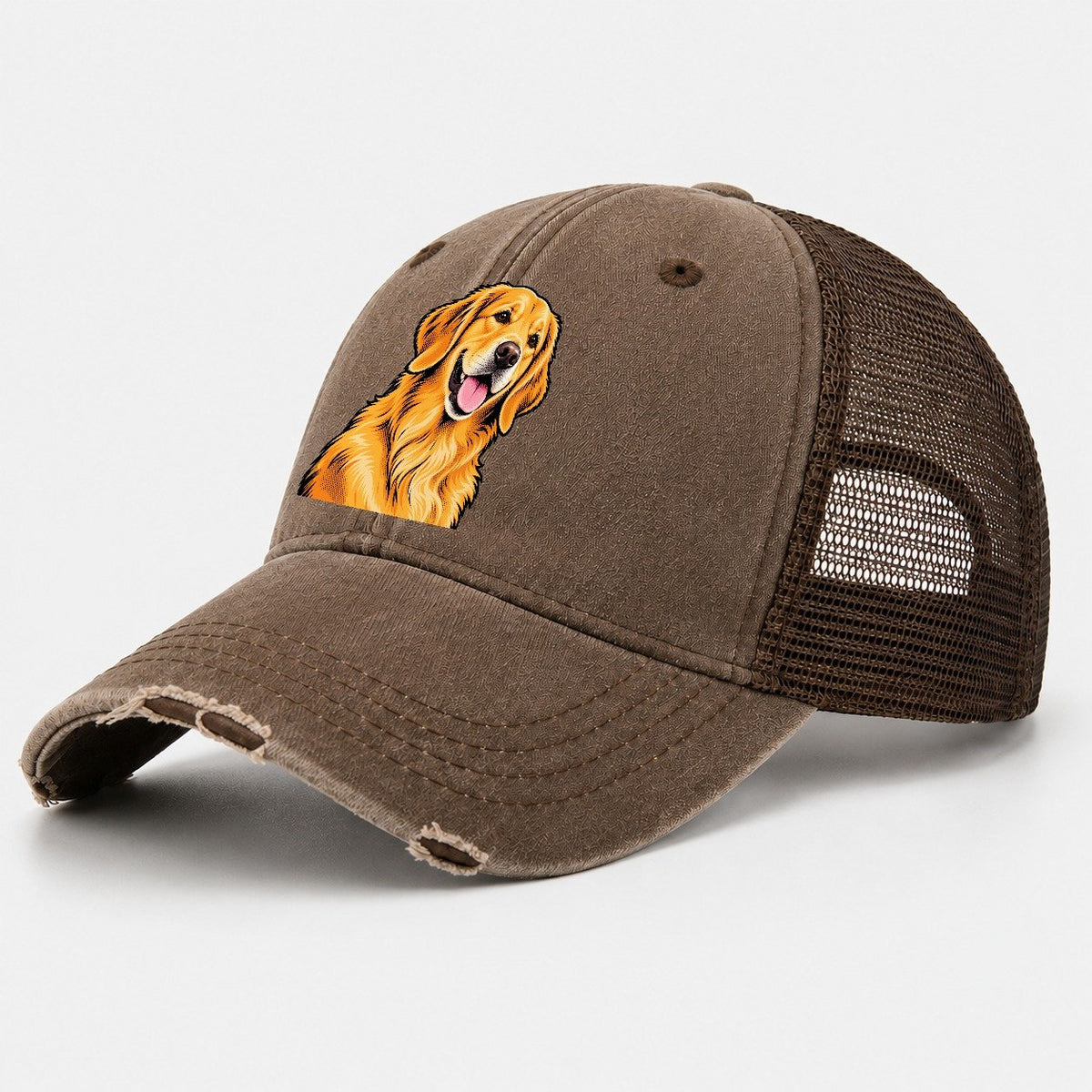 Happy Golden Retriever Portrait Washed Trucker Hat – Coffee