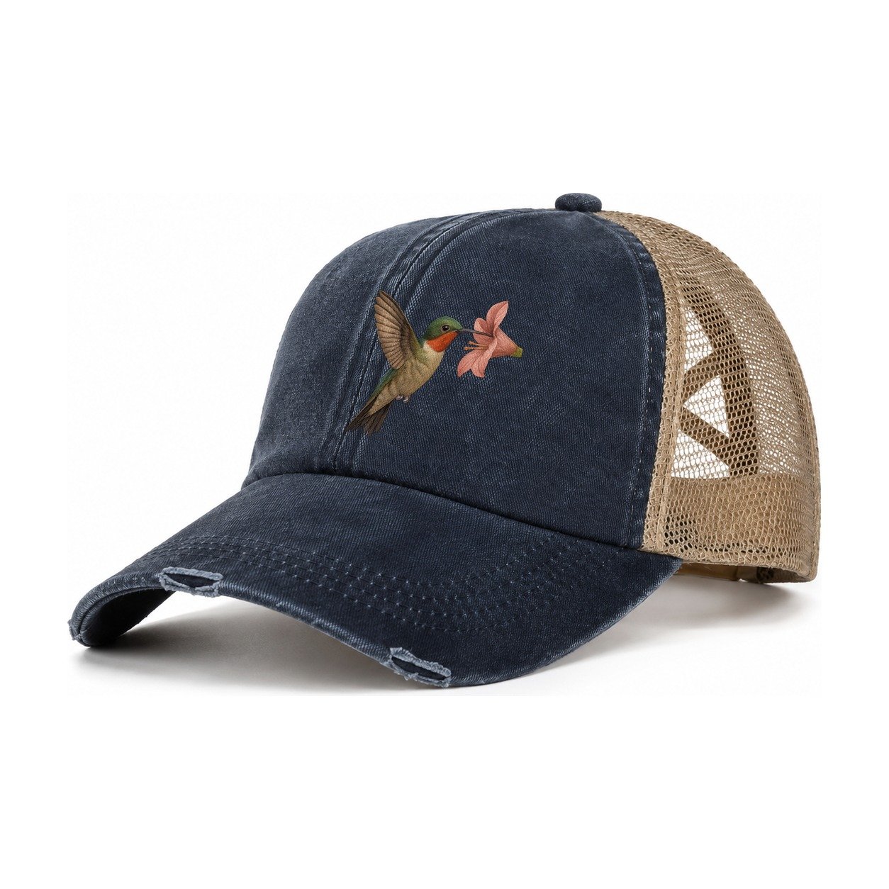 Hummingbird Haven Women's Ponytail Trucker Hat – Navy Khaki