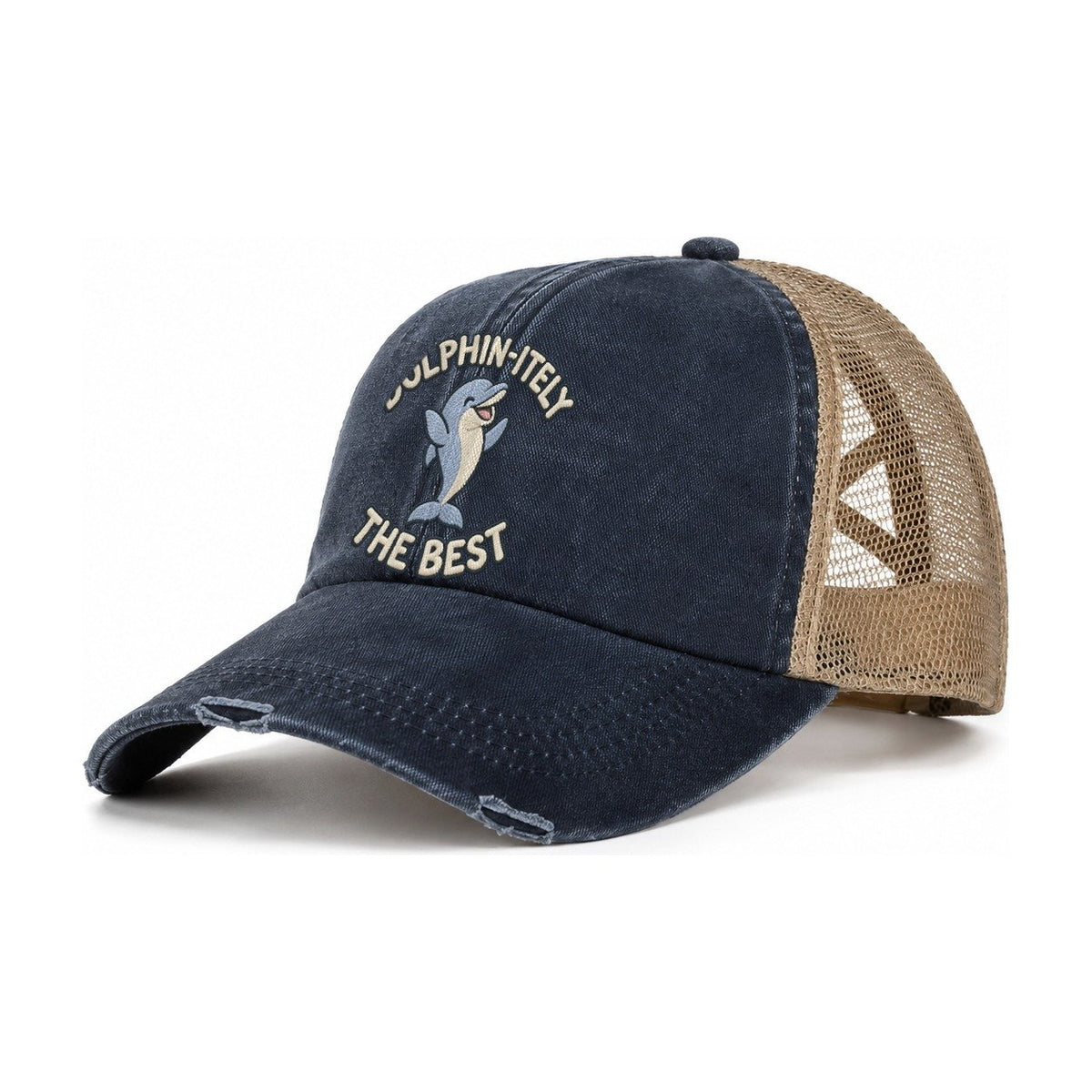 Dolphin Animal Puns Women's Ponytail Trucker Hat – Navy Khaki