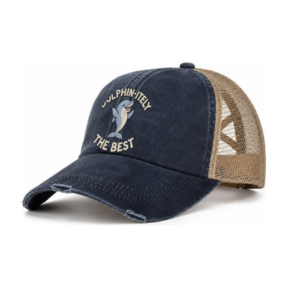 Dolphin Animal Puns Women's Ponytail Trucker Hat – Navy Khaki