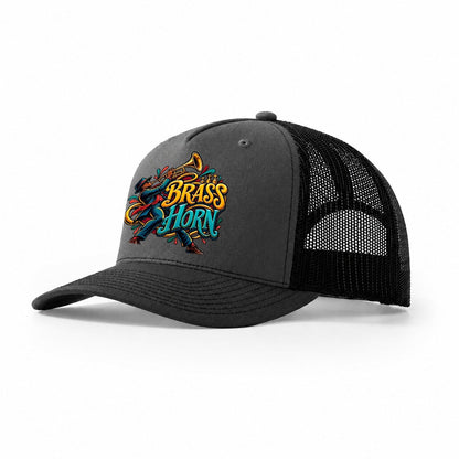 Brass Horn Wordmark Music Instruments Trucker Hat – Dark Grey Black