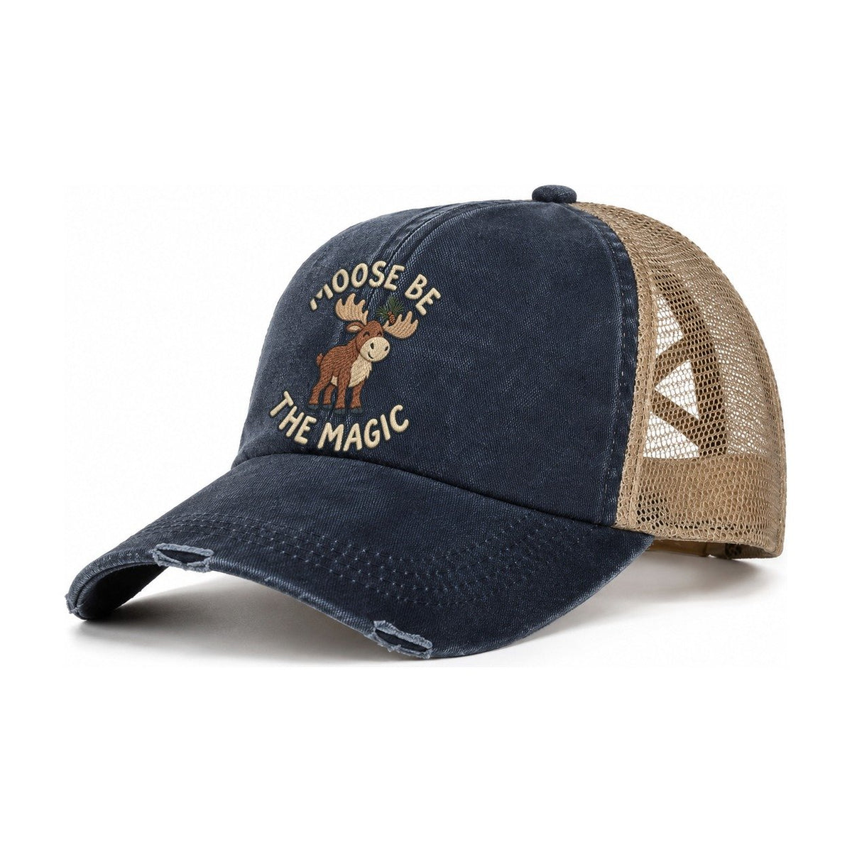 Moose Animal Puns Women's Ponytail Trucker Hat – Navy Khaki