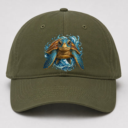 Ornate Sea Turtle Waves Baseball Cap – Army Green