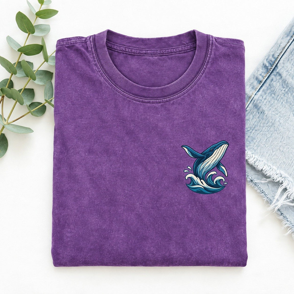 Whale And Waves Left Chest Vintage T-shirt – Purple