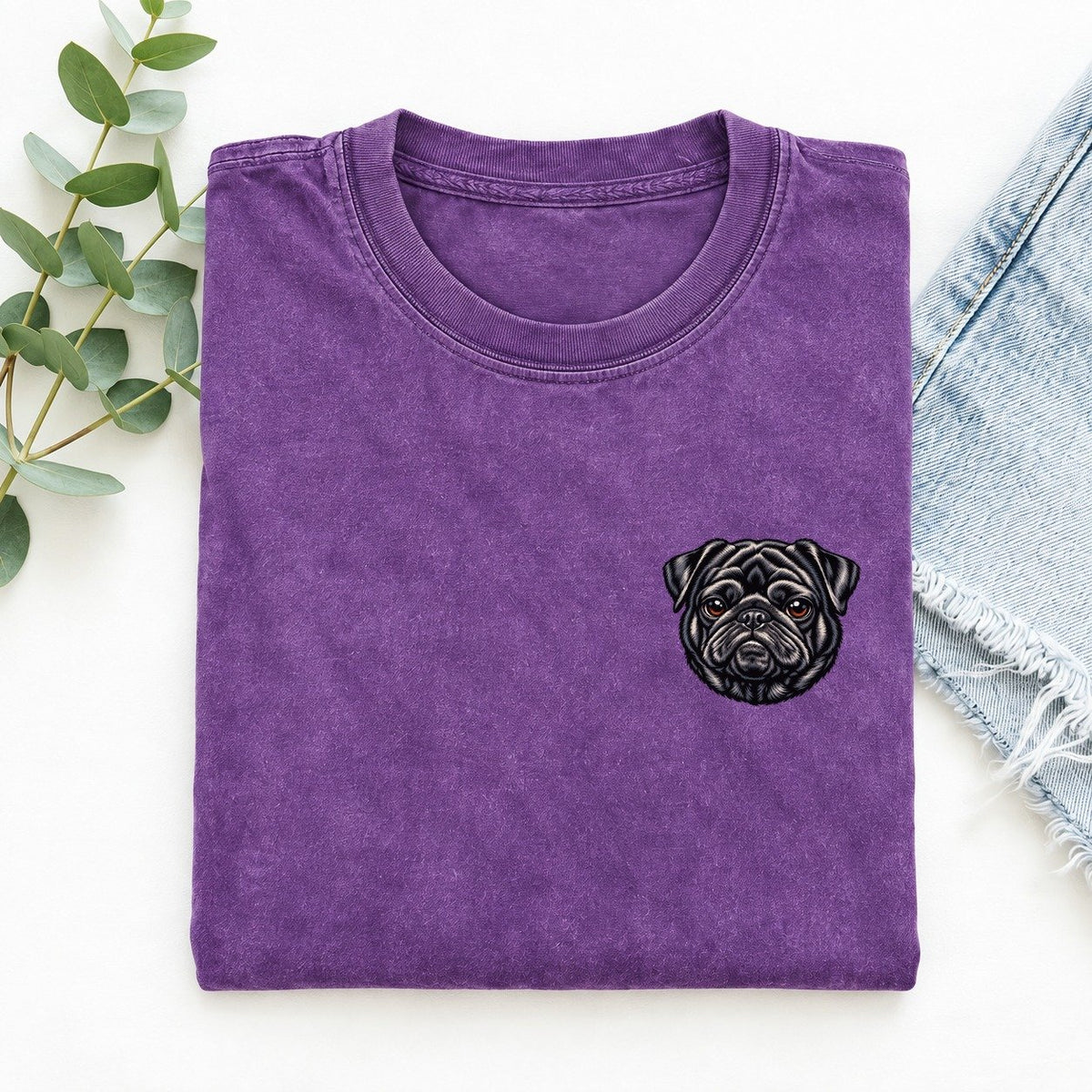 Black Pug Left Chest Vintage T-shirt – Purple