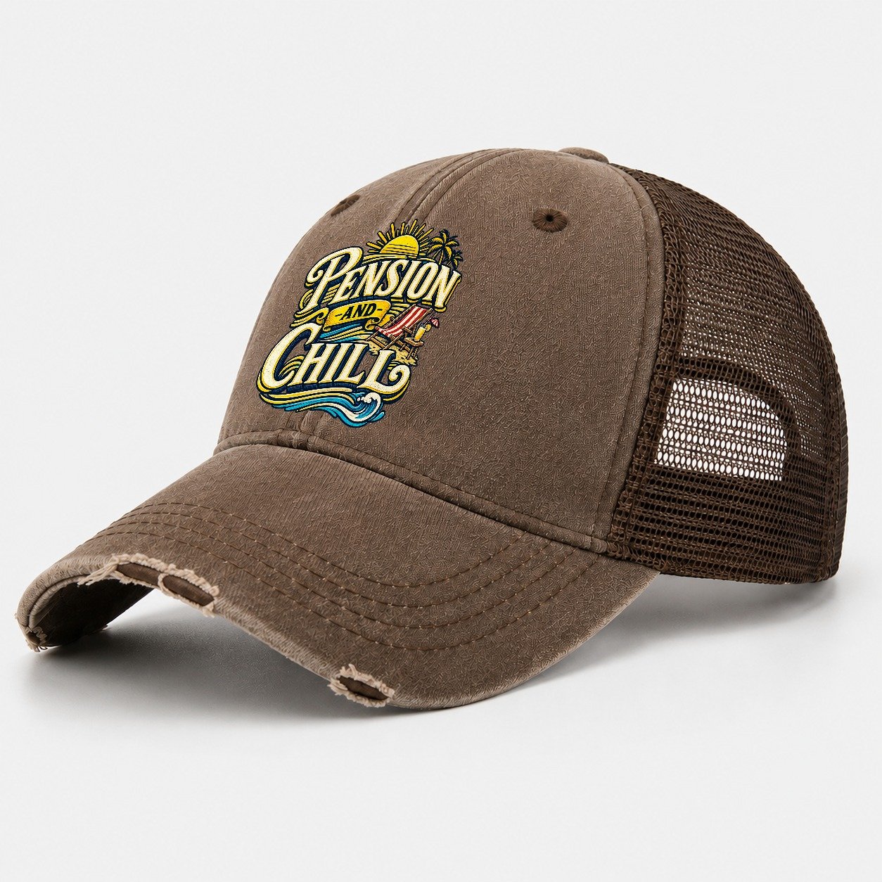 Pension And Chill Retired Living Washed Trucker Hat – Coffee