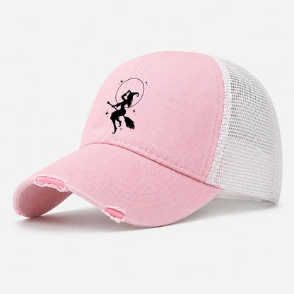 Witch On Broom Washed Trucker Hat – Light Pink