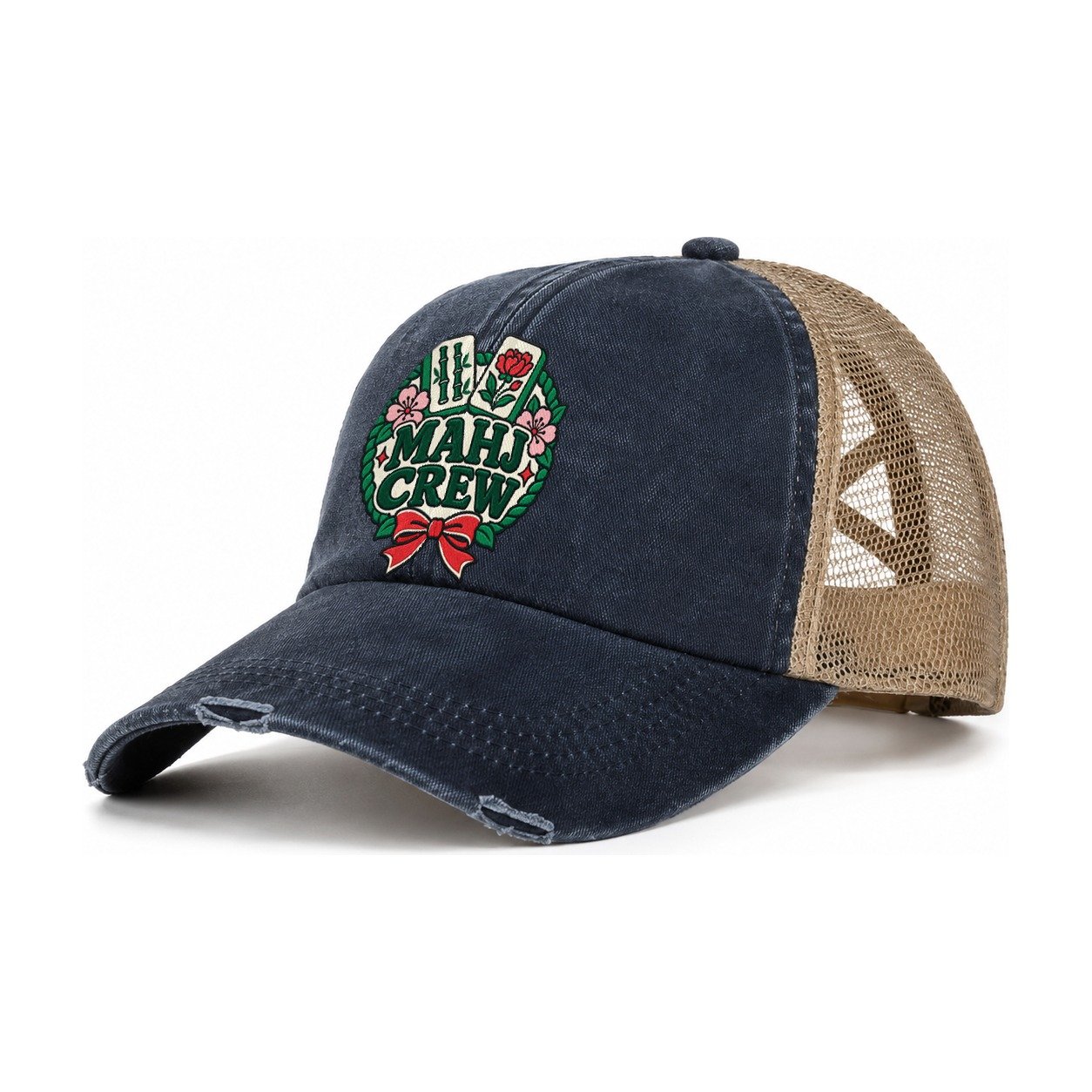 Mahj Crew Mahjong Game Night Women's Ponytail Trucker Hat – Navy Khaki