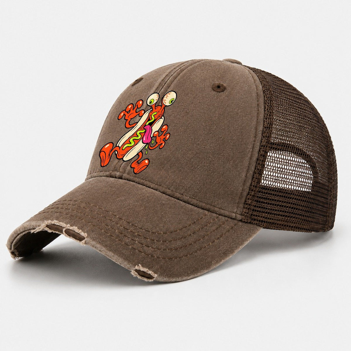 Bug Eyed Hot Dog Crazy Styles Washed Trucker Hat – Coffee