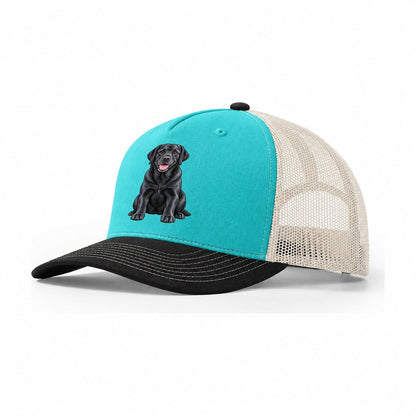 Black Labrador Sitting Trucker Hat – Aqua Black White