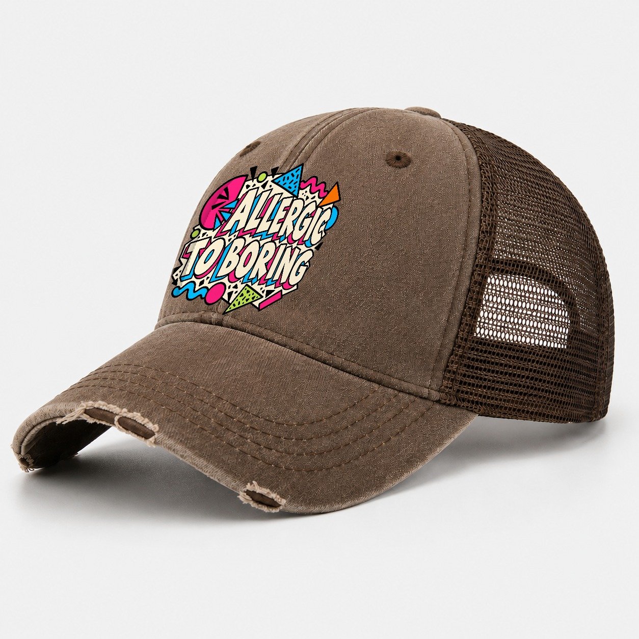 Allergic To Boring Crazy Styles Washed Trucker Hat – Coffee