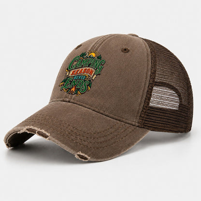 Camping Season Never Ends Retired Living Washed Trucker Hat – Coffee