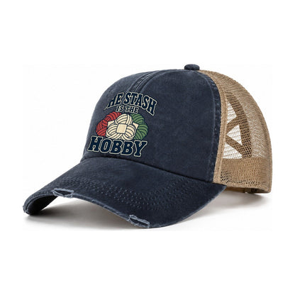 The Stash Is The Hobby Yarn Crafts Women's Ponytail Trucker Hat – Navy Khaki