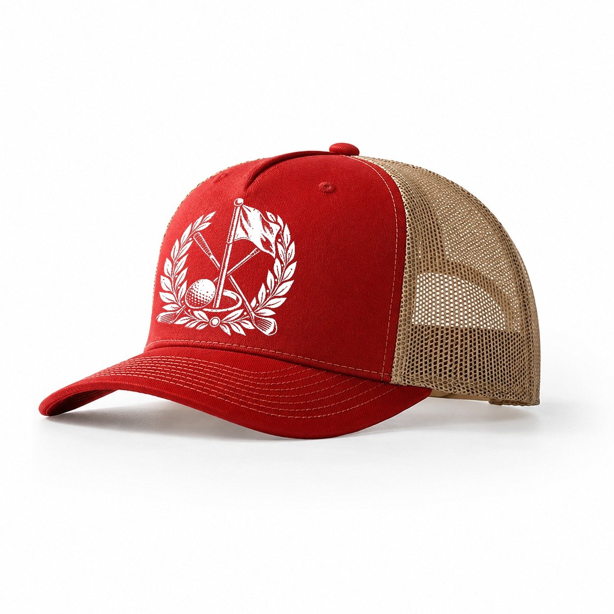 Flag And Ball Crest Golf Life Trucker Hat – Red Khaki
