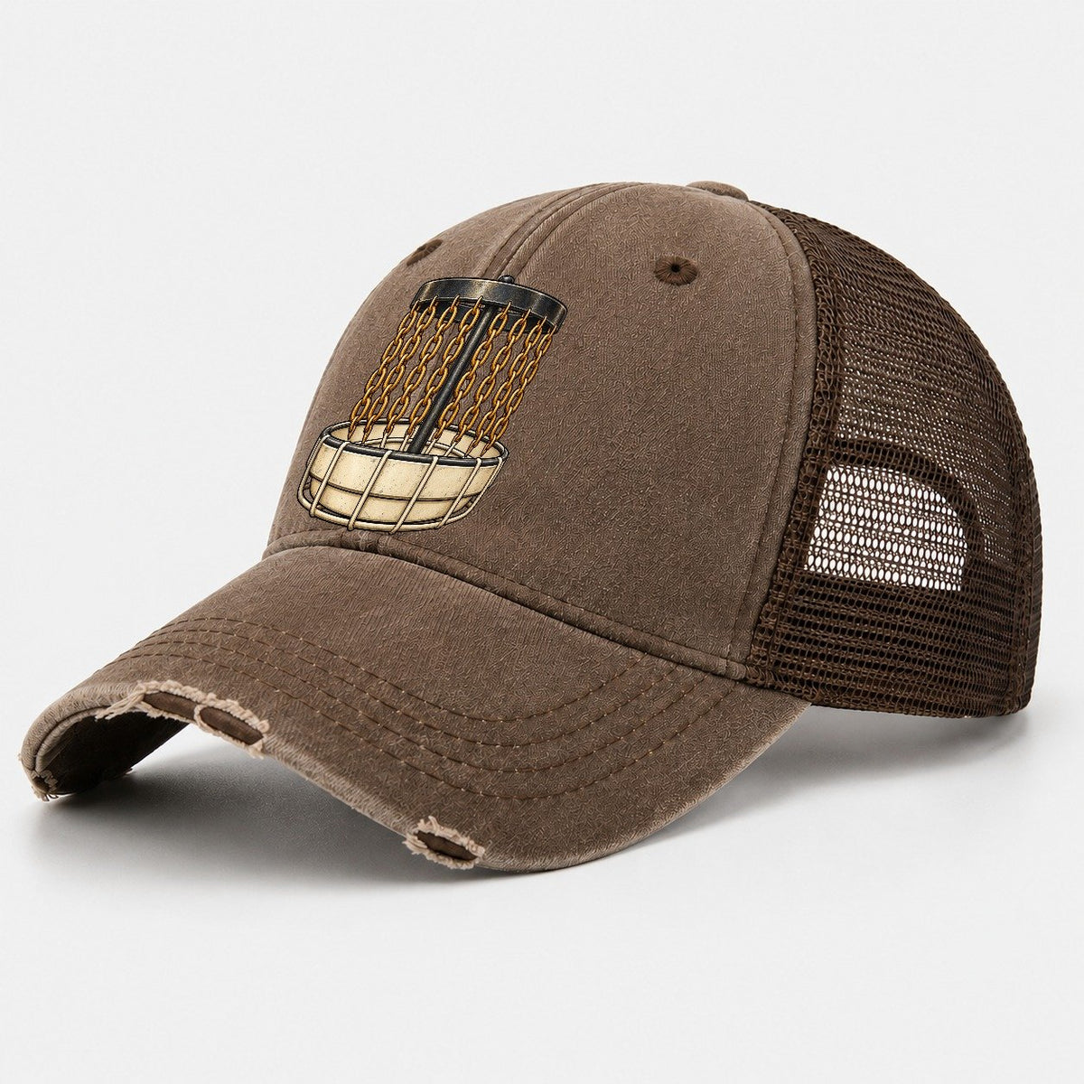 Chain Basket Disc Golf Washed Trucker Hat – Coffee