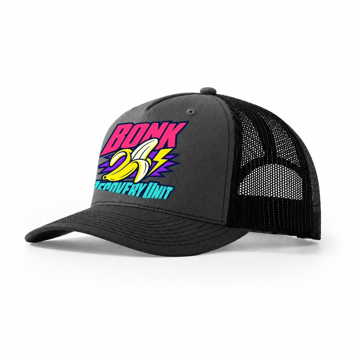 Bonk Recovery Unit 90S Running Clubs Trucker Hat – Dark Grey Black