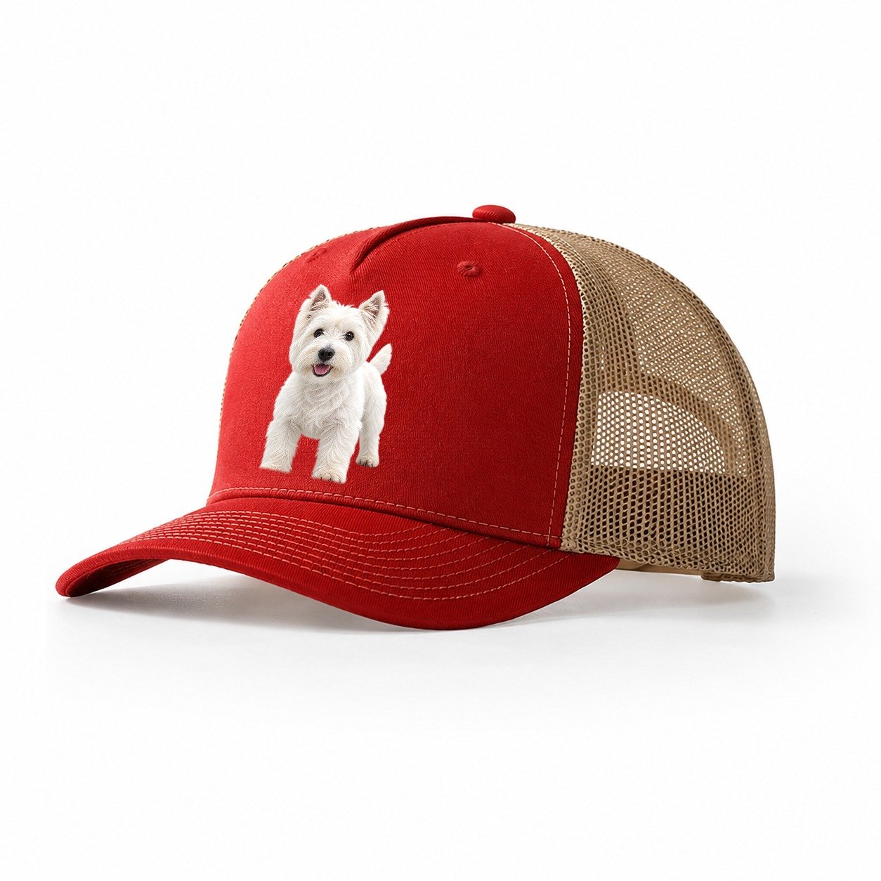 West Highland White Terrier Westie Standing Top Breeds Trucker Hat – Red Khaki
