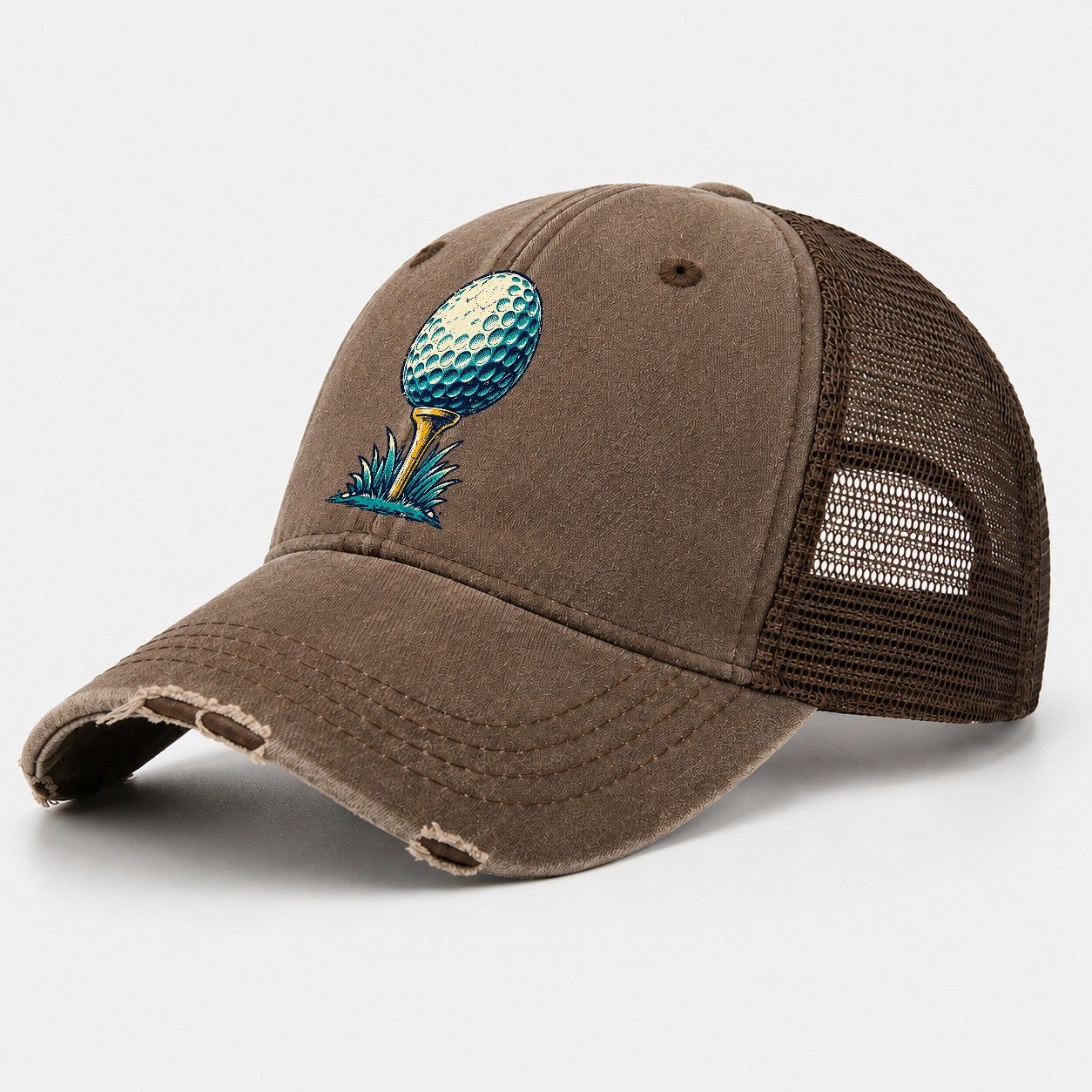 Tee And Ball Mark Golf Life Washed Trucker Hat – Coffee