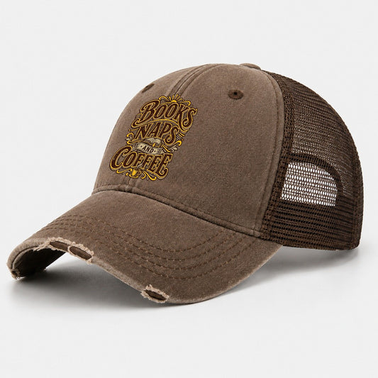 Books Naps And Coffee Retired Living Washed Trucker Hat – Coffee