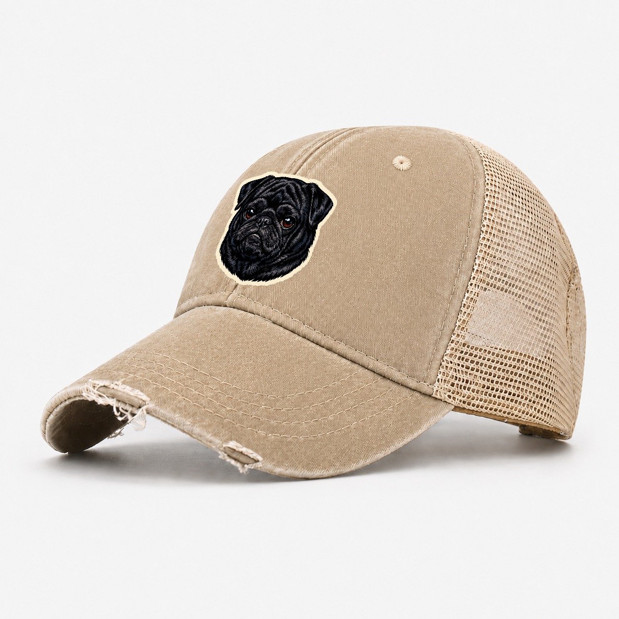 Black Pug Washed Trucker Hat – Khaki