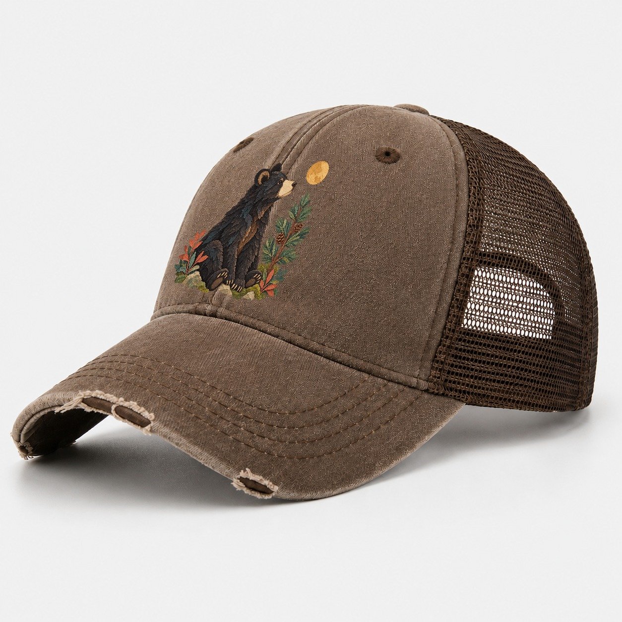 Small Bear Pine Moon Gentle Wild Washed Trucker Hat – Coffee