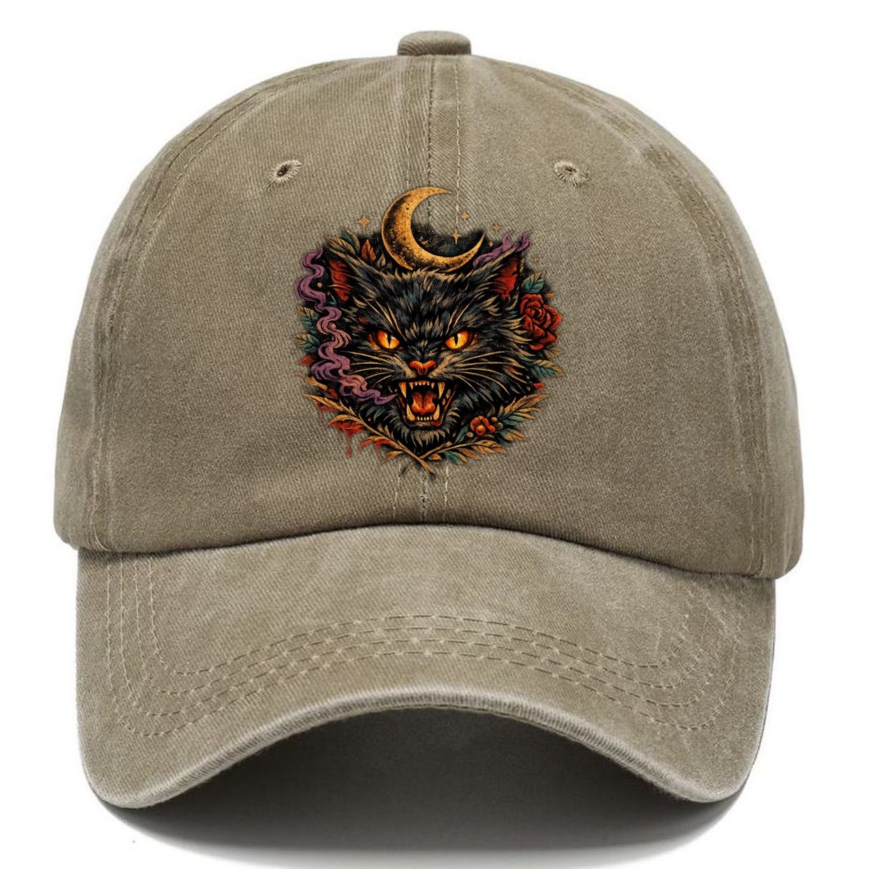 Dark Vintage Black Cat Classic Cap – Warm Sand