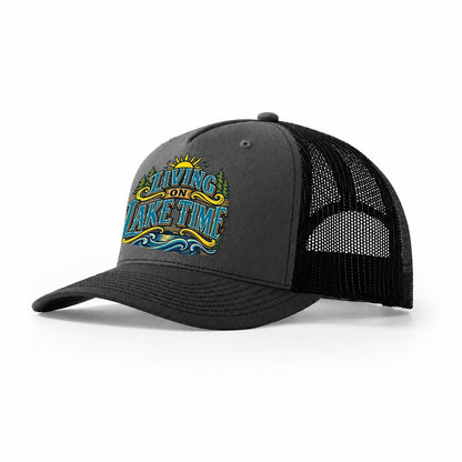 Living On Lake Time Retired Living Trucker Hat – Dark Grey Black