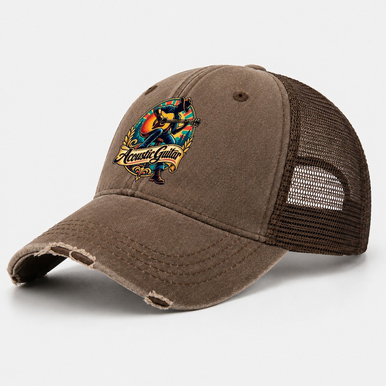 Acoustic Guitar Crest Music Instruments Washed Trucker Hat – Coffee