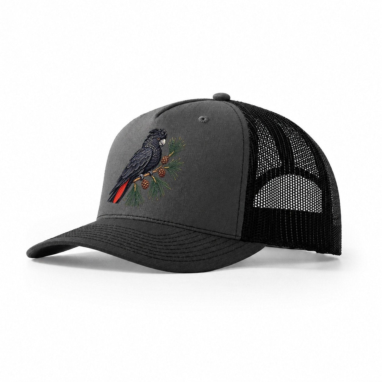 Glossy Black Cockatoo And She Oak Cones Australia Cultural Icons Trucker Hat – Dark Grey Black