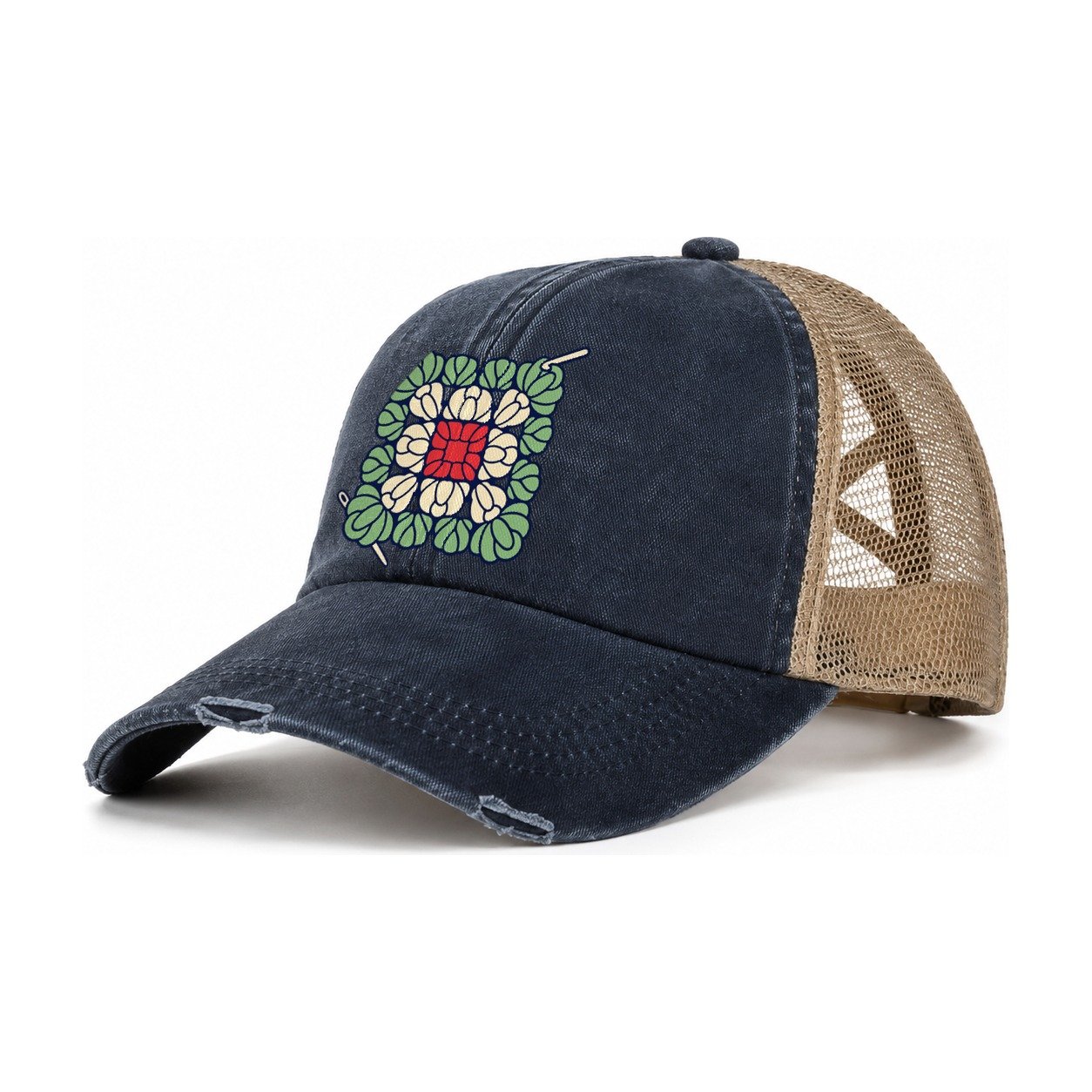 Granny Square Mosaic Yarn Crafts Women's Ponytail Trucker Hat – Navy Khaki