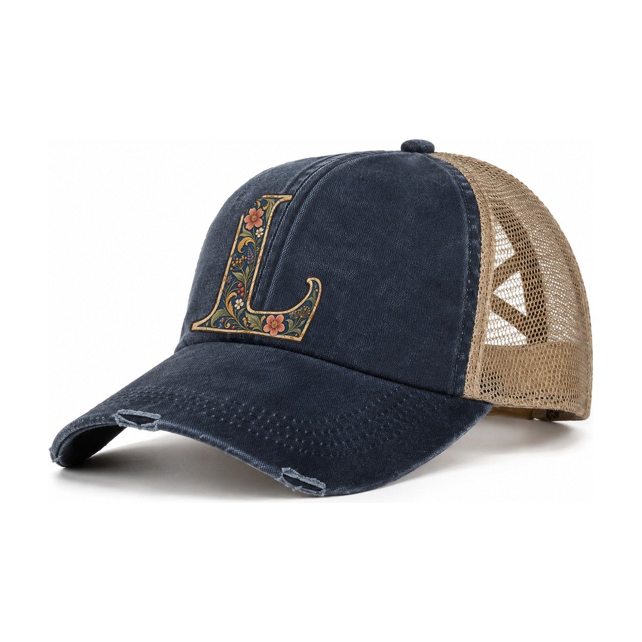 Wildflower L Monogram Women's Ponytail Trucker Hat – Navy Khaki
