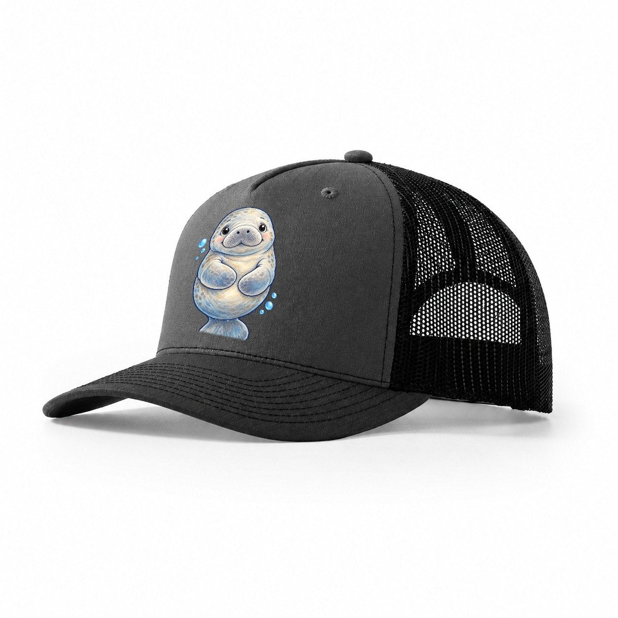 Manatee Front Flipper Hug Sea Sprite Trucker Hat – Dark Grey Black