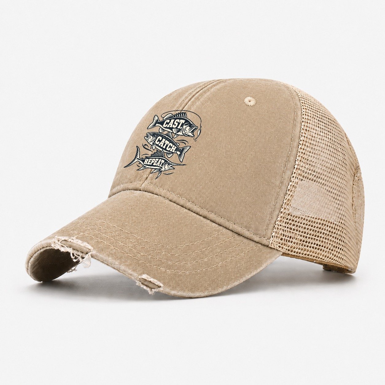 Cast Catch Repeat Fishing Elegant Washed Trucker Hat – Khaki