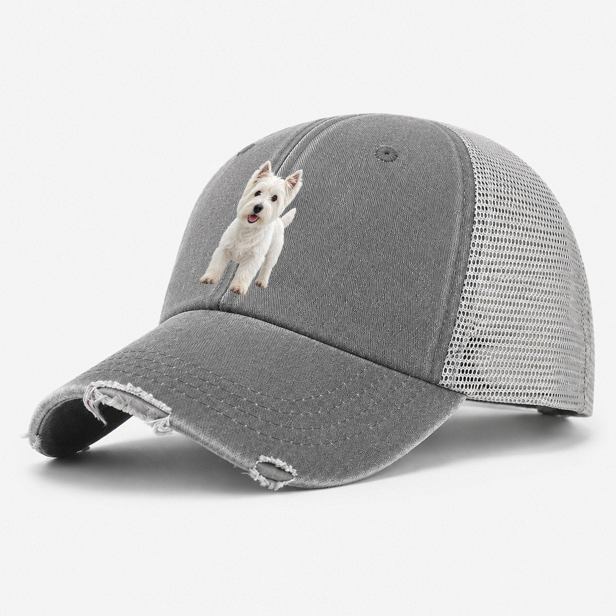 West Highland White Terrier Westie Standing Top Breeds Washed Trucker Hat – Grey