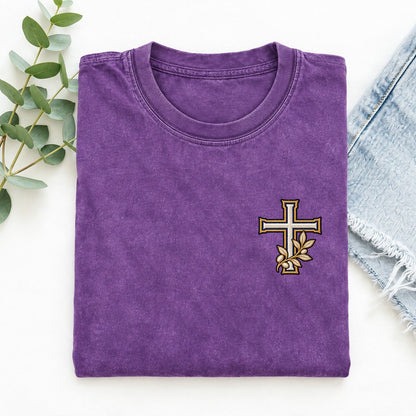 Olive Cross Symbol Emblems Left Chest Vintage T-shirt – Purple