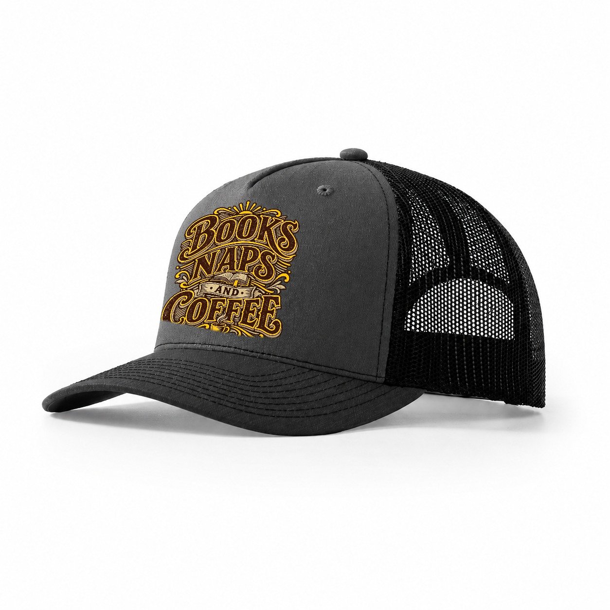 Books Naps And Coffee Retired Living Trucker Hat – Dark Grey Black