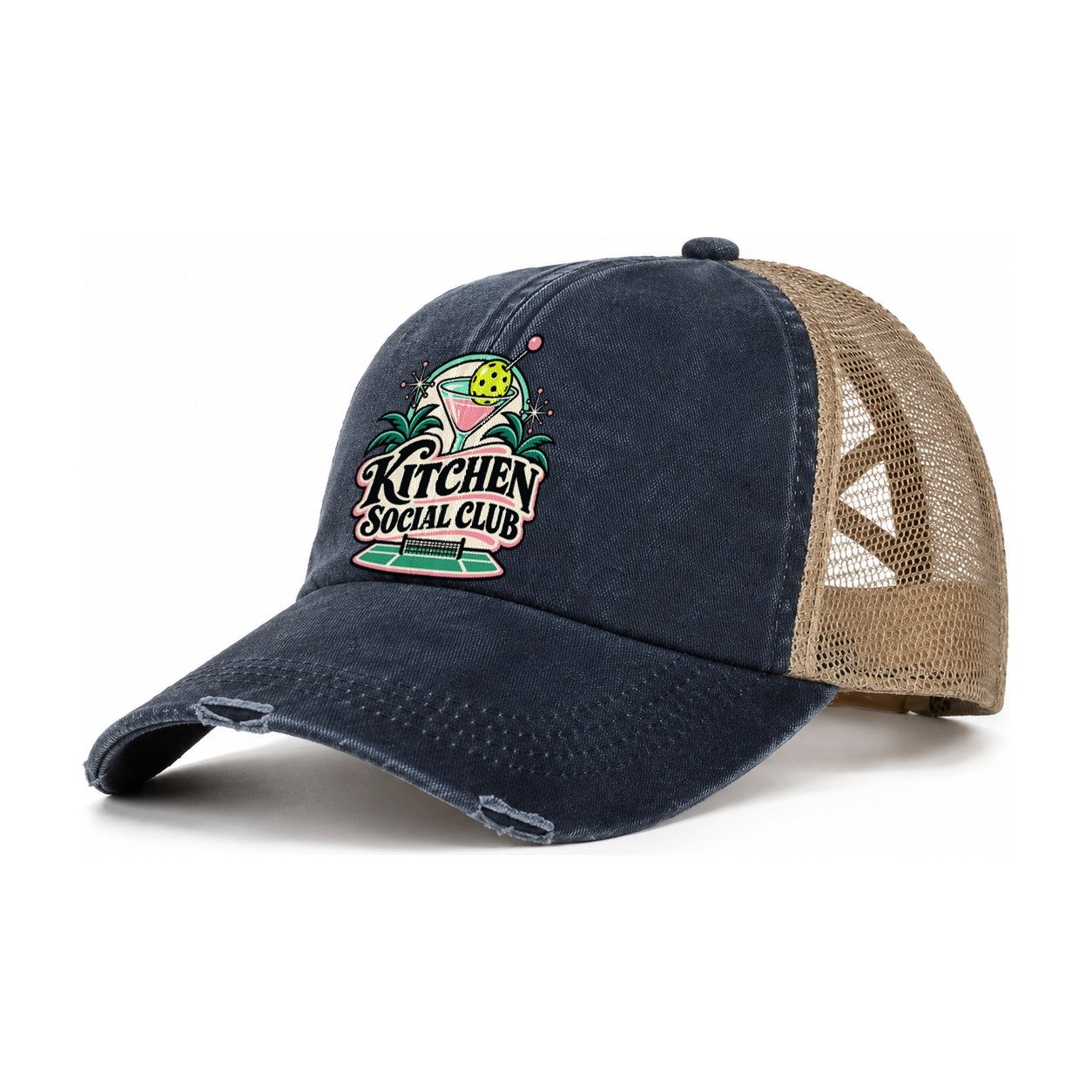 Kitchen Social Club Pickleball Life Women's Ponytail Trucker Hat – Navy Khaki