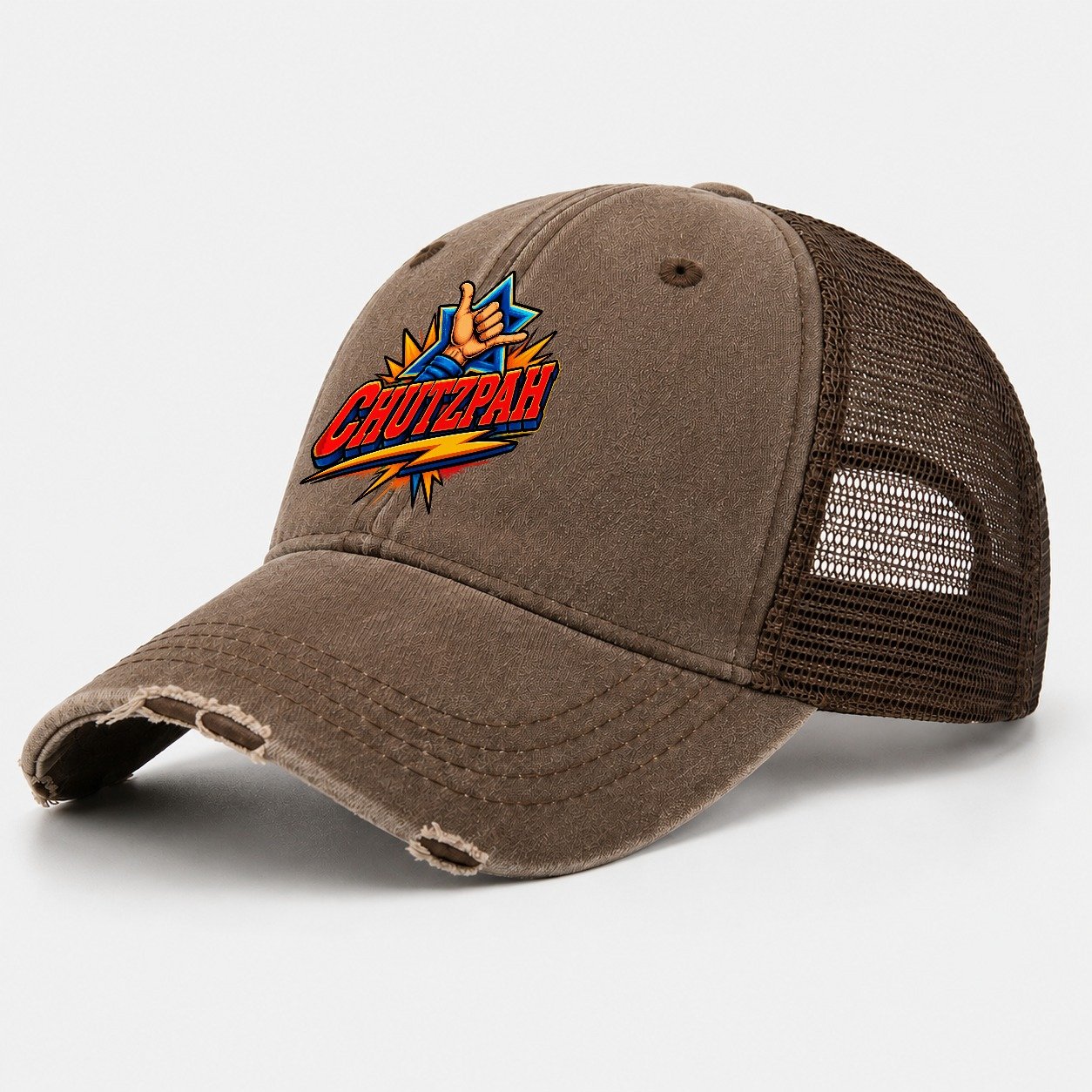 Chutzpah Attitude Judaism Heritage Washed Trucker Hat – Coffee
