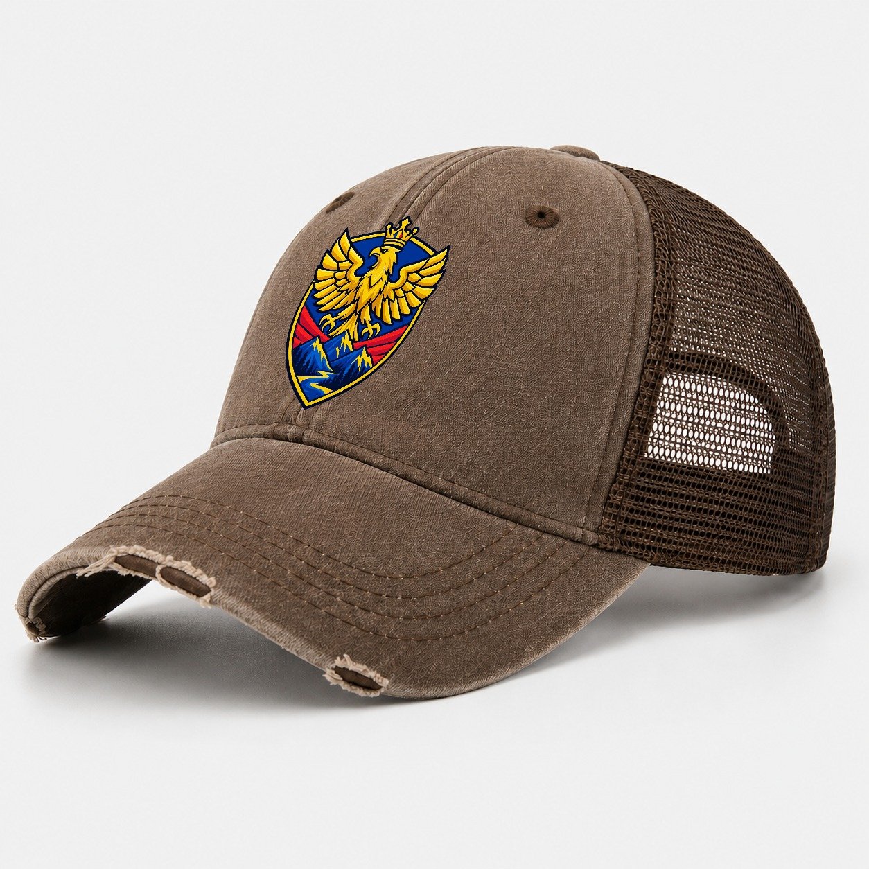 Romania Minimal Emblem Country Logos Washed Trucker Hat – Coffee