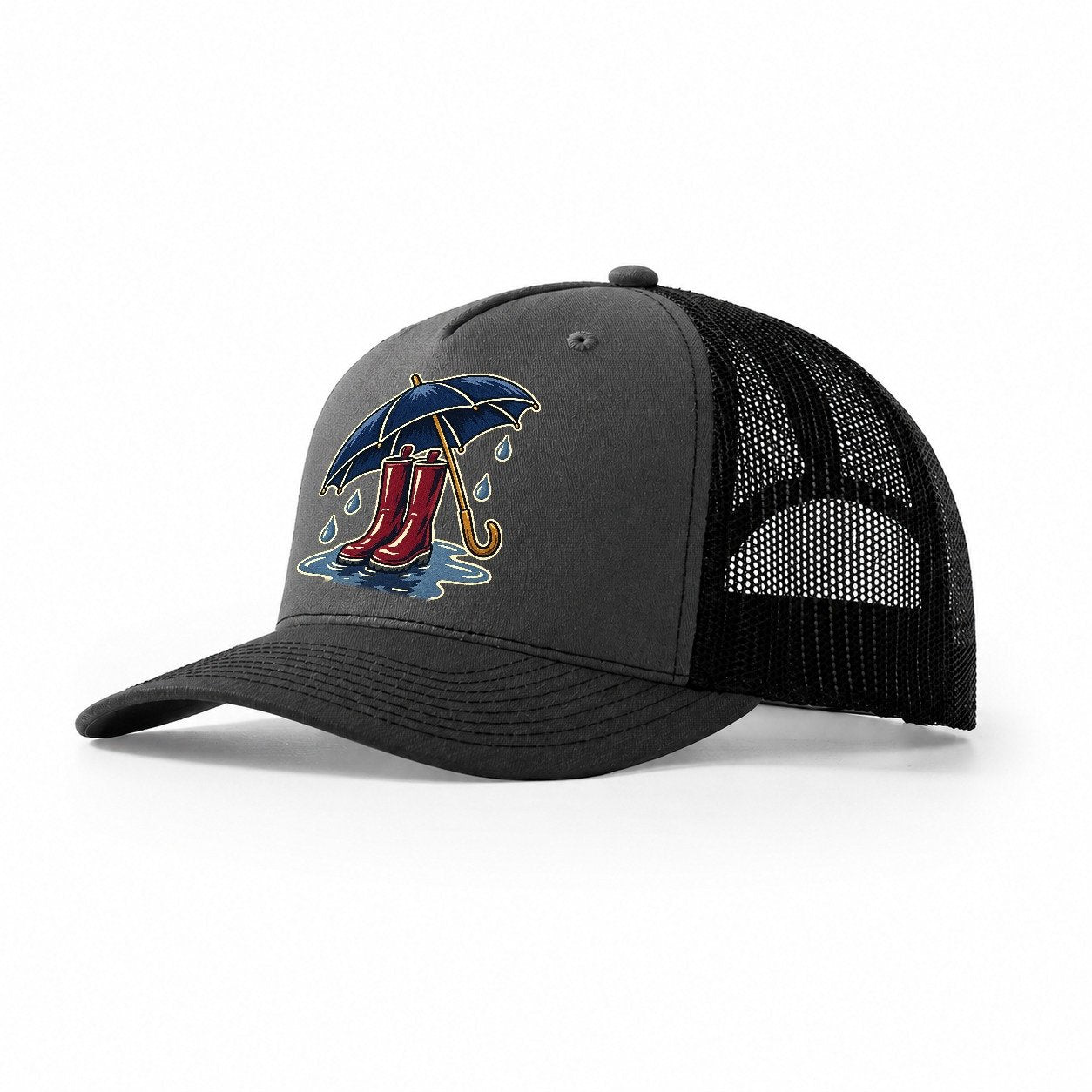 Rainy Day Umbrella And Wellington Boots Uk Culture Heritage Trucker Hat – Dark Grey Black