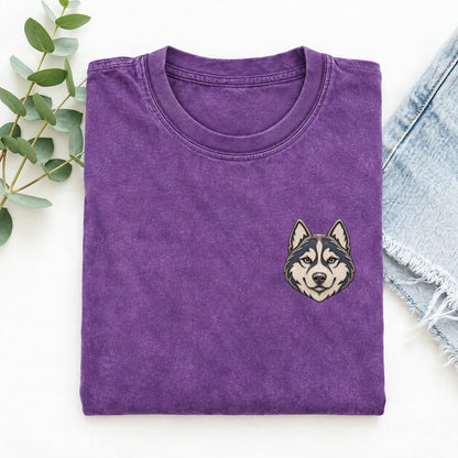 Husky Forward Ears Keepsake Emblem Left Chest Vintage T-shirt – Purple