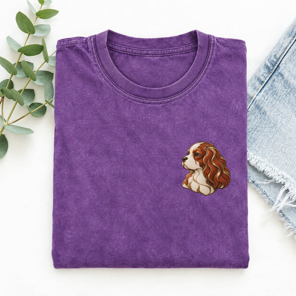 Cavalier Ribbon Ear Keepsake Emblem Left Chest Vintage T-shirt – Purple