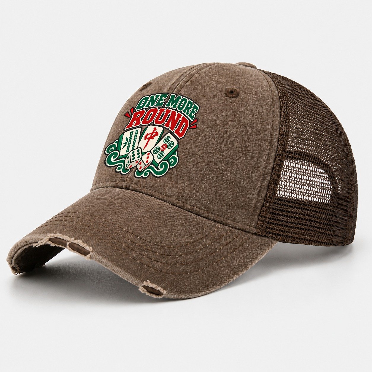 One More Round Mahjong Game Night Washed Trucker Hat – Coffee