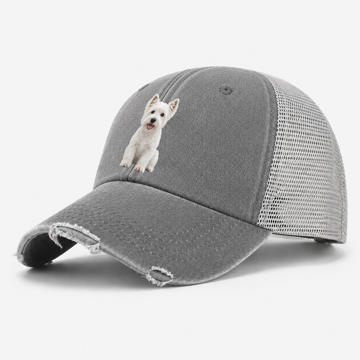 West Highland White Terrier Westie Sitting Top Breeds Washed Trucker Hat – Grey
