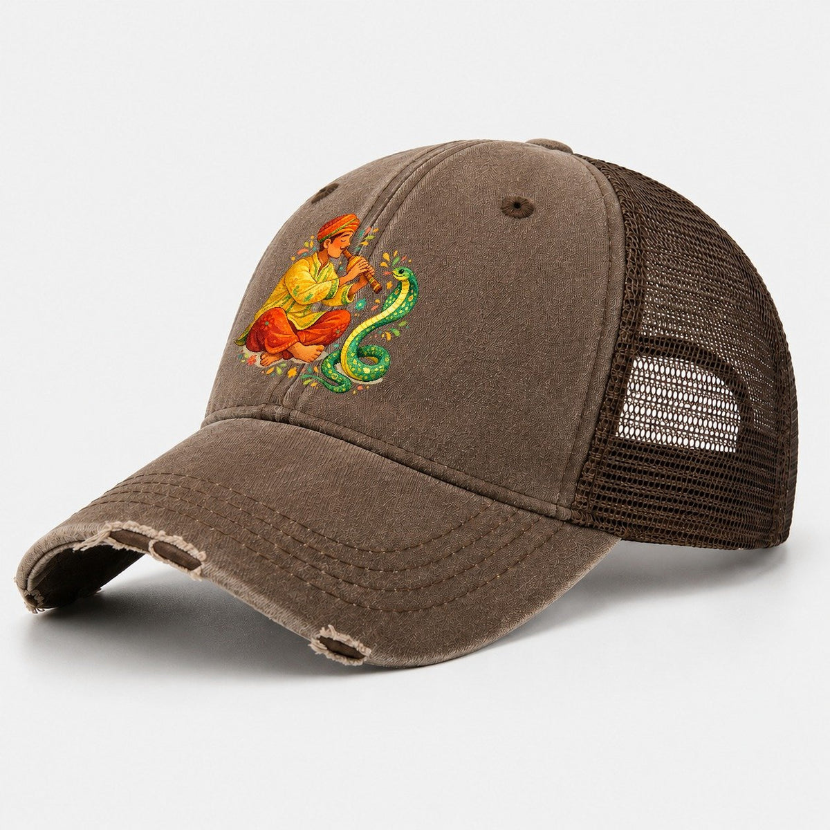 Snake Charmer Playing Flute Washed Trucker Hat – Coffee