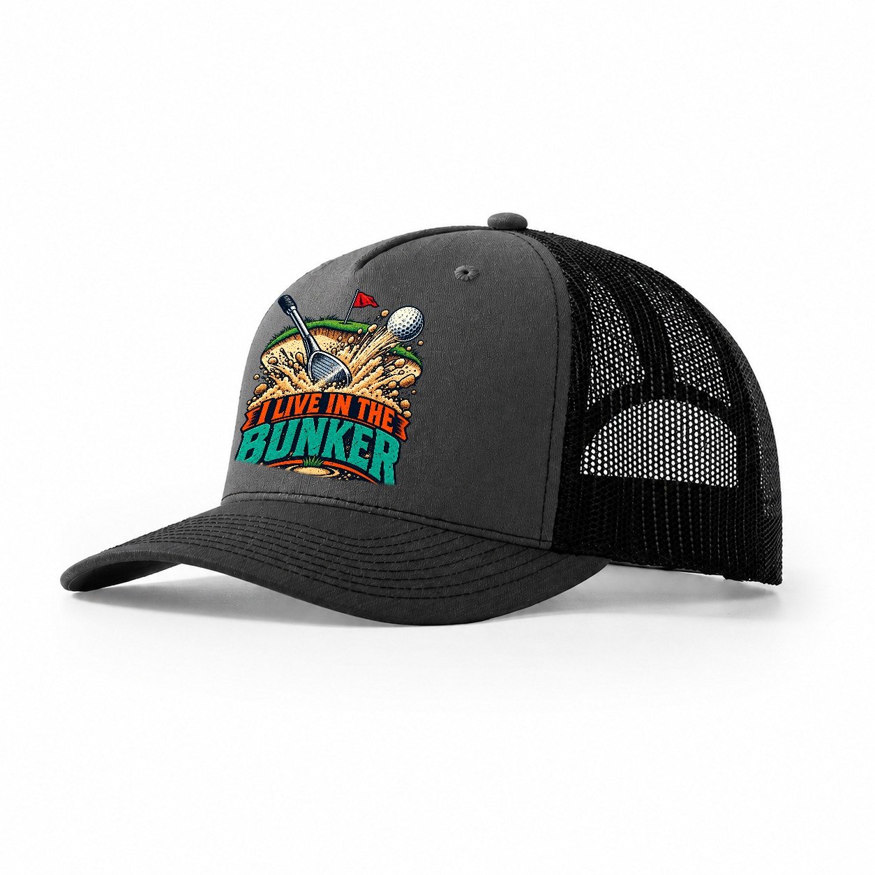 I Live In The Bunker Golf Life Trucker Hat – Dark Grey Black