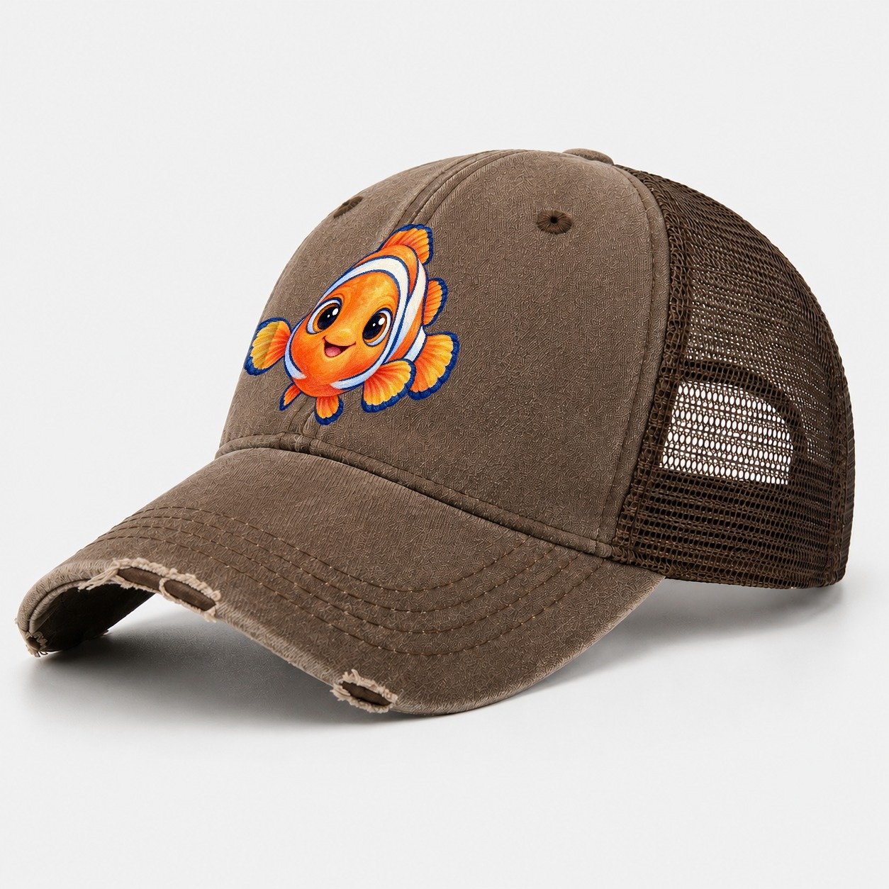 Clownfish Symmetric Hello Sea Sprite Washed Trucker Hat – Coffee